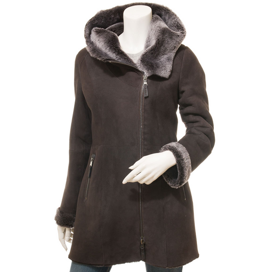 WOMEN'S BROWN SHEARLING PARKA COAT: IRVING