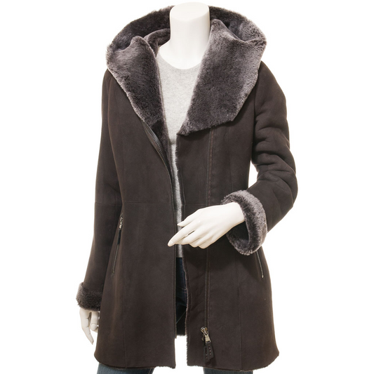 WOMEN'S BROWN SHEARLING PARKA COAT: IRVING