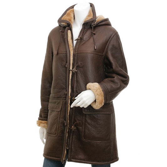 WOMEN'S BROWN SHEEPSKIN DUFFLE COAT: GARLAND