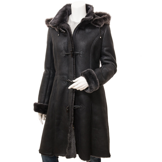 WOMEN'S BLACK TOSCANA SHEARLING DUFFLE COAT: FRISCO