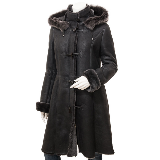 WOMEN'S BLACK TOSCANA SHEARLING DUFFLE COAT: FRISCO