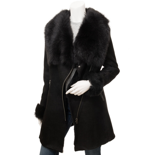 WOMEN'S BLACK TOSCANA SHEARLING COAT: AMARILLO