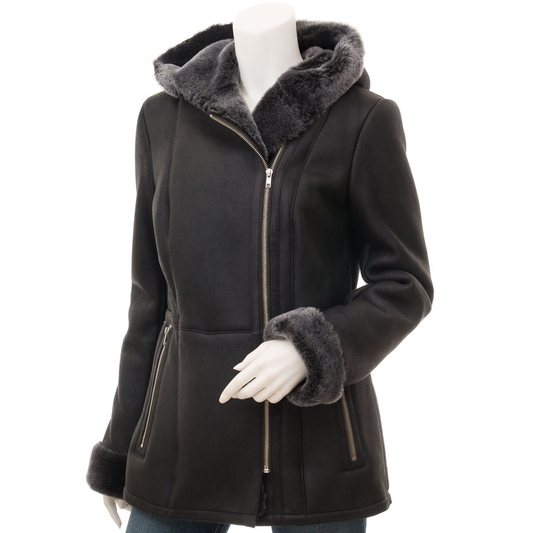 WOMEN'S BLACK SHEARLING PARKA COAT: WYLIE