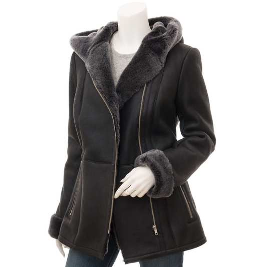 WOMEN'S BLACK SHEARLING PARKA COAT: WYLIE