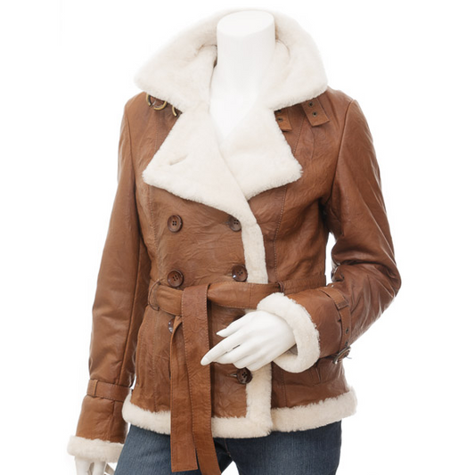 WOMEN'S TAN SHEEPSKIN SHEARLING JACKET: ROSENBERG