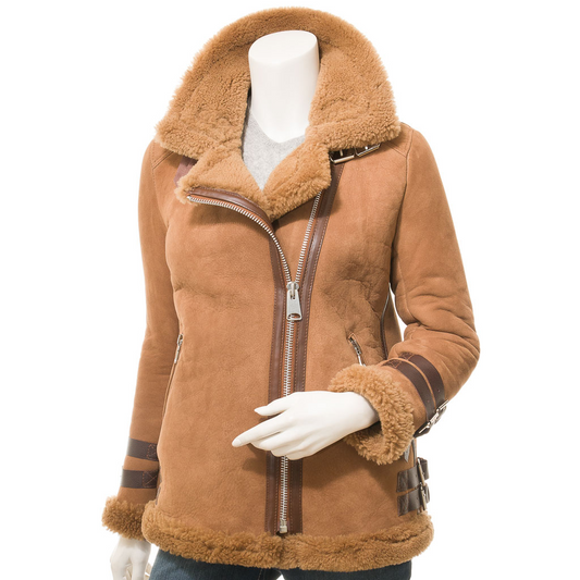 WOMEN'S TAN SHEEPSKIN BIKER JACKET: FORNEY