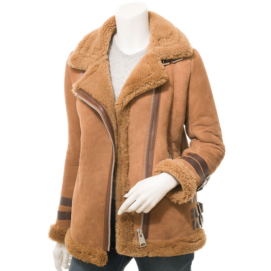 WOMEN'S TAN SHEEPSKIN BIKER JACKET: FORNEY