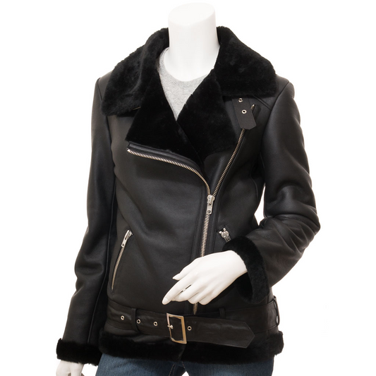 WOMEN'S BLACK SHEARLING BIKER JACKET: COLLEYVILLE