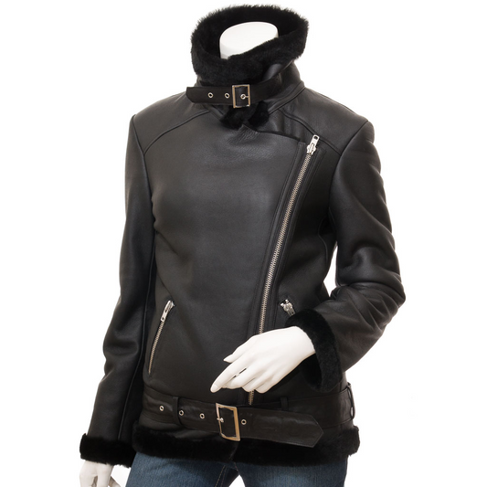 WOMEN'S BLACK SHEARLING BIKER JACKET: COLLEYVILLE