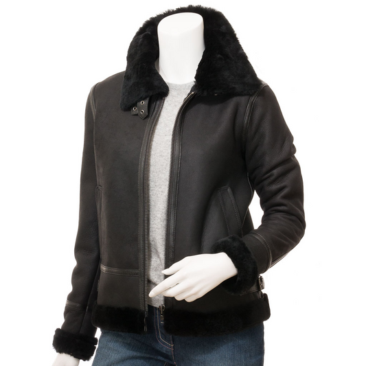 WOMEN'S BLACK SHEARLING BOMBER JACKET: FATE