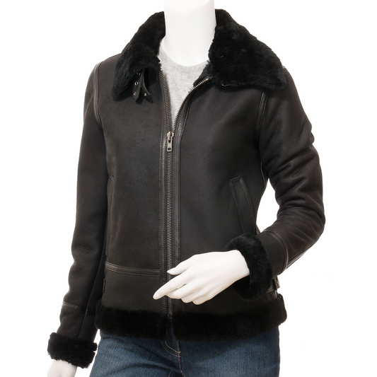 WOMEN'S BLACK SHEARLING BOMBER JACKET: FATE