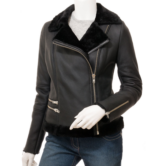 WOMEN'S BLACK SHEARLING BIKER JACKET: CORINTH