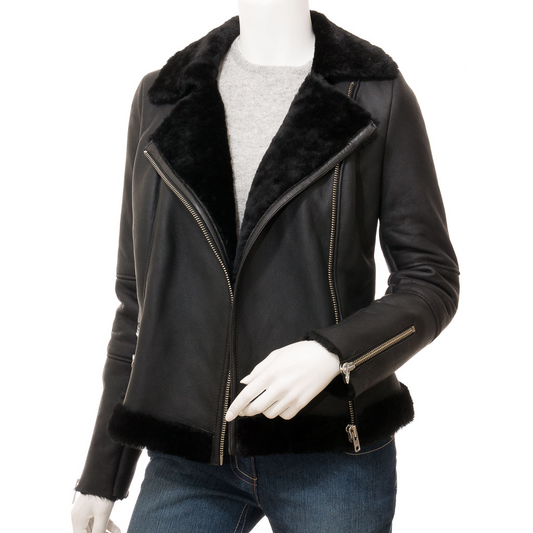 WOMEN'S BLACK SHEARLING BIKER JACKET: CORINTH