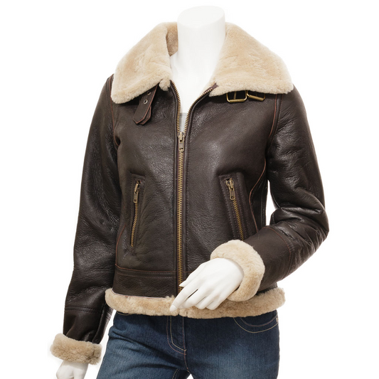 WOMEN'S BROWN SHEEPSKIN AVIATOR JACKET: ENNIS