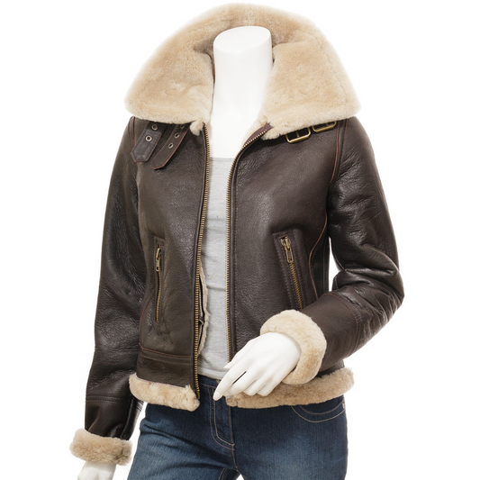 WOMEN'S BROWN SHEEPSKIN AVIATOR JACKET: ENNIS