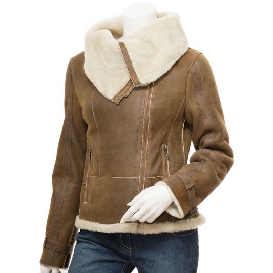 WOMEN'S TAN BIKER SHEEPSKIN LEATHER JACKET: PROSPER