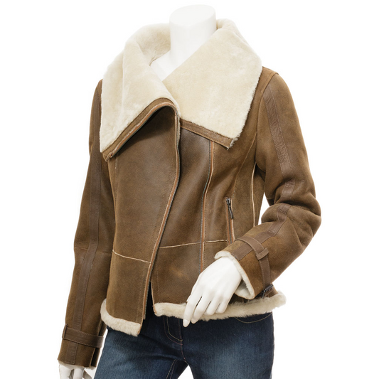 WOMEN'S TAN BIKER SHEEPSKIN LEATHER JACKET: PROSPER