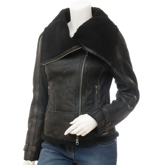 WOMEN'S BLACK BIKER SHEEPSKIN LEATHER JACKET: PROSPER