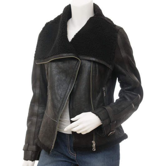 WOMEN'S BLACK BIKER SHEEPSKIN LEATHER JACKET: PROSPER