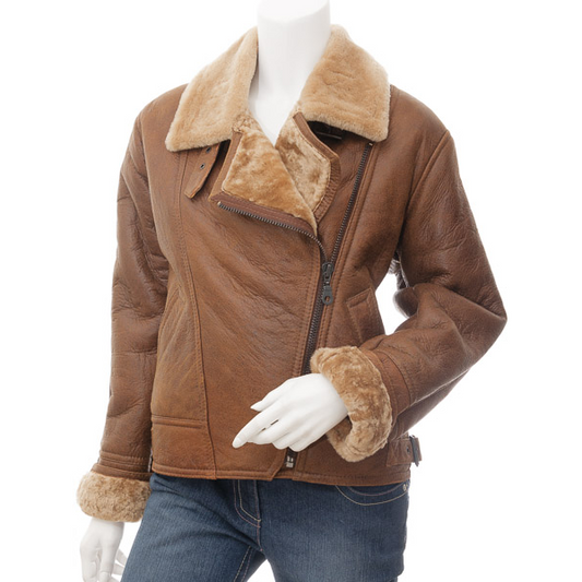 WOMEN'S TAN SHEEPSKIN AVIATOR JACKET: ANGLETON