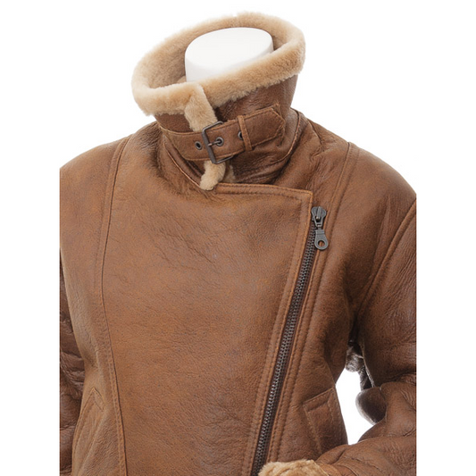 WOMEN'S TAN SHEEPSKIN AVIATOR JACKET: ANGLETON