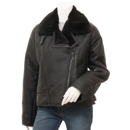 WOMEN'S BLACK SHEEPSKIN AVIATOR JACKET: ANGLETON