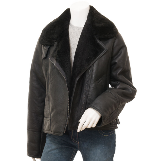 WOMEN'S BLACK SHEEPSKIN AVIATOR JACKET: ANGLETON