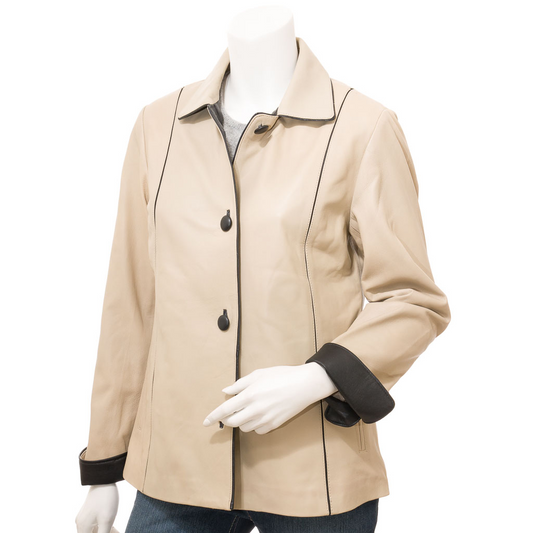 WOMEN'S BEIGE & BLACK LEATHER SHIRT JACKET: PEARLAND