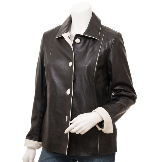 WOMEN'S BLACK & IVORY LEATHER SHIRT JACKET: PEARLAND