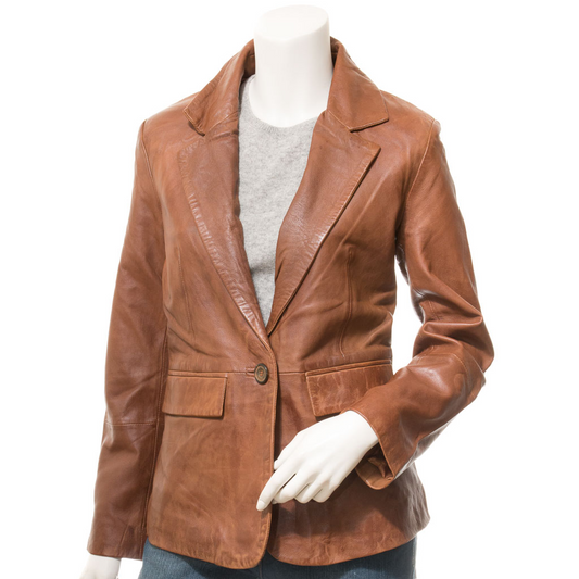 WOMEN'S CLASSIC TAN LEATHER BLAZER: LUFKIN