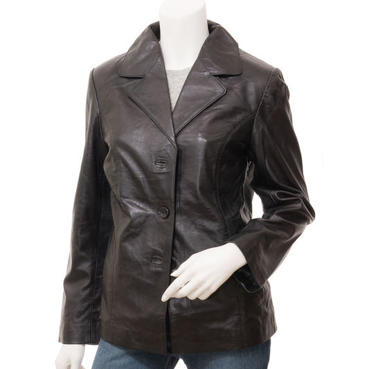 WOMEN'S BROWN LONG LEATHER BLAZER: AZLE