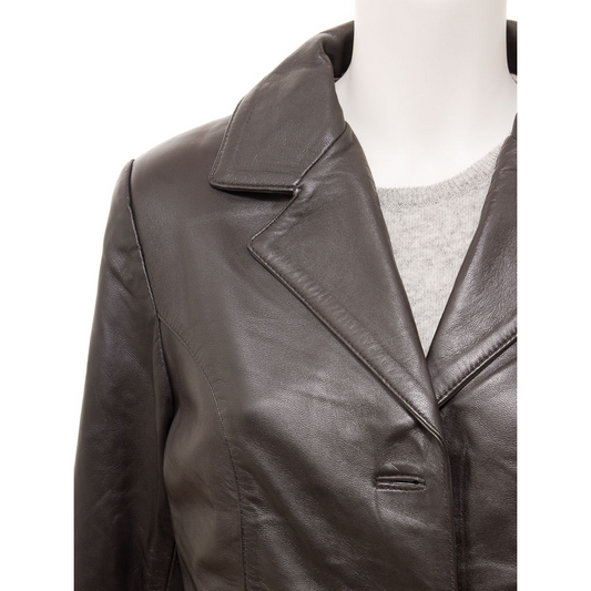 WOMEN'S BROWN LONG LEATHER BLAZER: AZLE