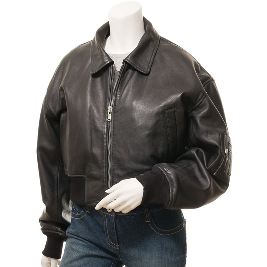 WOMEN'S BLACK LEATHER BOMBER JACKET: NOMA