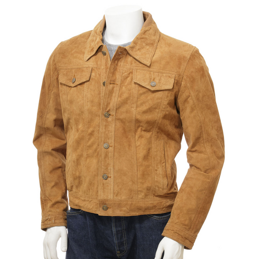 MEN'S TAN SUEDE TRUCKER JACKET: BUTLER