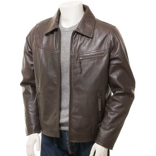 MEN'S BROWN LEATHER BIKER JACKET: BETHEL