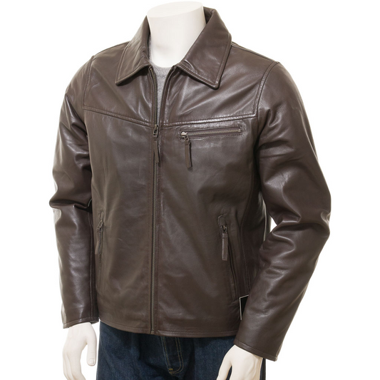 MEN'S BROWN LEATHER BIKER JACKET: BETHEL