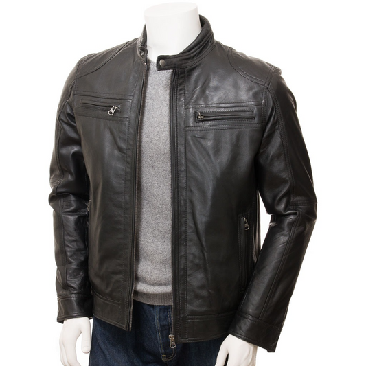 MEN'S BLACK LEATHER BIKER JACKET: FENTON