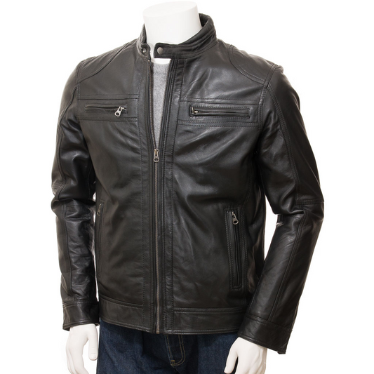 MEN'S BLACK LEATHER BIKER JACKET: FENTON