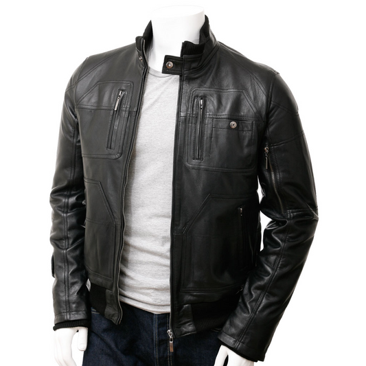 MEN'S LEATHER BOMBER JACKET IN BLACK: GATES