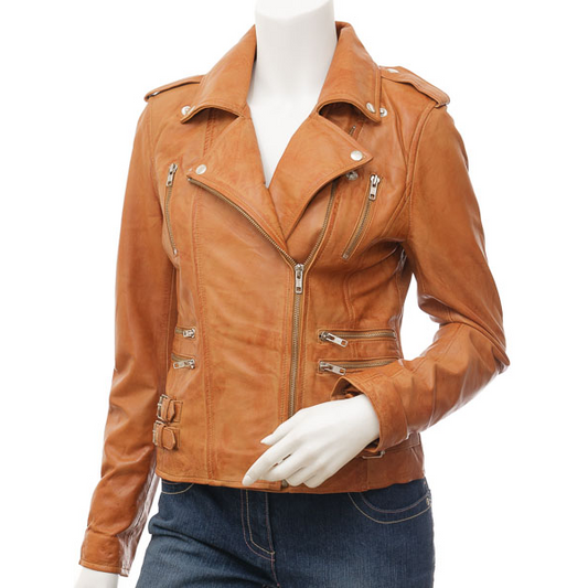 WOMEN'S TAN LEATHER BIKER JACKET: ELBA