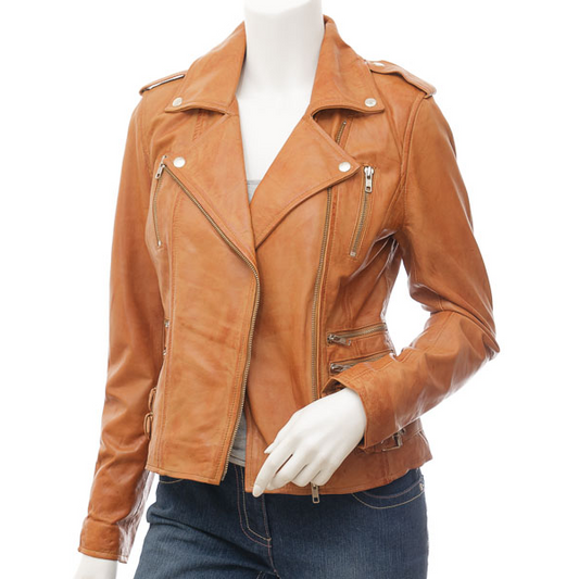 WOMEN'S TAN LEATHER BIKER JACKET: ELBA