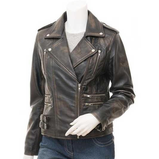 WOMEN'S VINTAGE LEATHER BIKER JACKET: ELBA