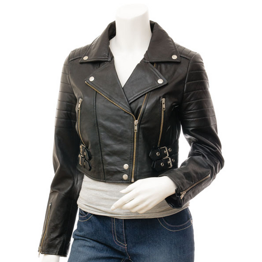 WOMEN'S BLACK LEATHER BIKER JACKET: ANGELICA