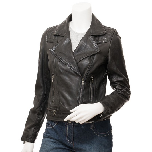 WOMEN'S BLACK LEATHER BIKER JACKET: ANNSVILLE