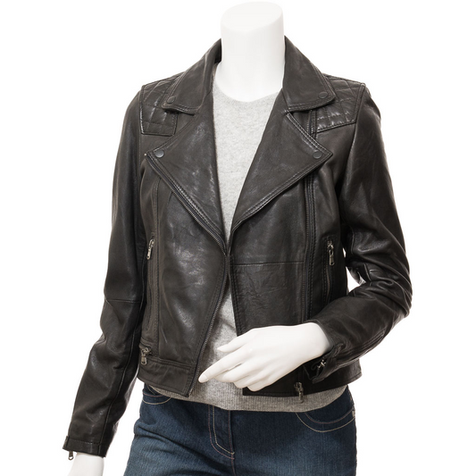 WOMEN'S BLACK LEATHER BIKER JACKET: ANNSVILLE