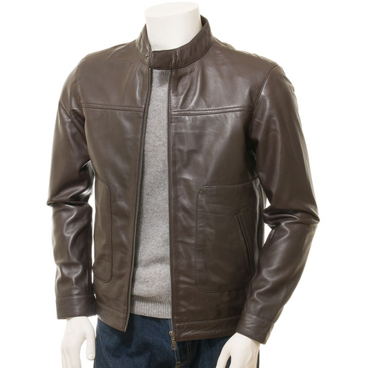 MEN'S BROWN LEATHER BIKER JACKET: BOLTON