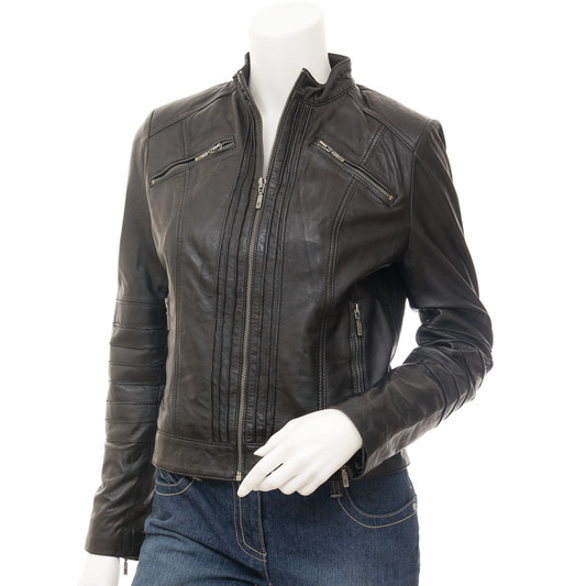 WOMEN'S BLACK LEATHER BIKER JACKET : ARCADIA