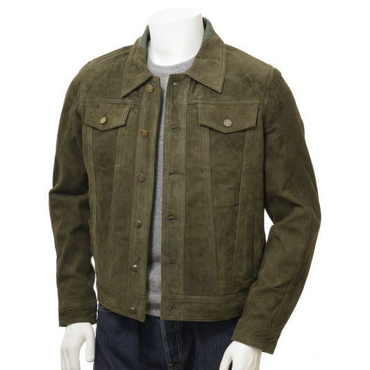 MEN'S OLIVE SUEDE TRUCKER JACKET: BALDWIN