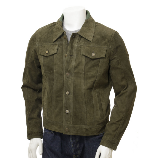 MEN'S OLIVE SUEDE TRUCKER JACKET: BALDWIN