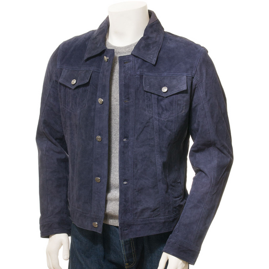 MEN'S BLUE SUEDE TRUCKER JACKET: BARKER